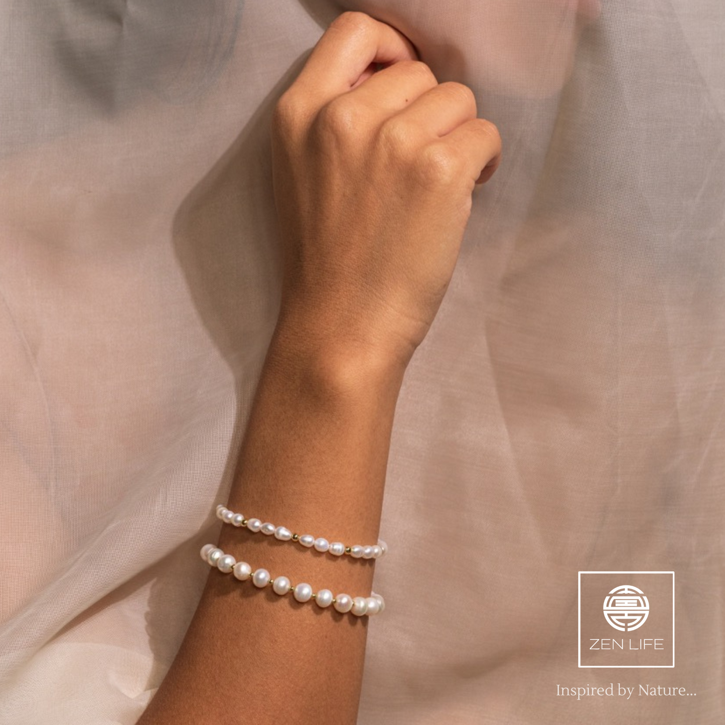 ZEN LIFE® Armband, Echte Süsswasserperlen 6mm, 925er Silber, 18 Karat vergoldet, 16cm+4cm, Damen