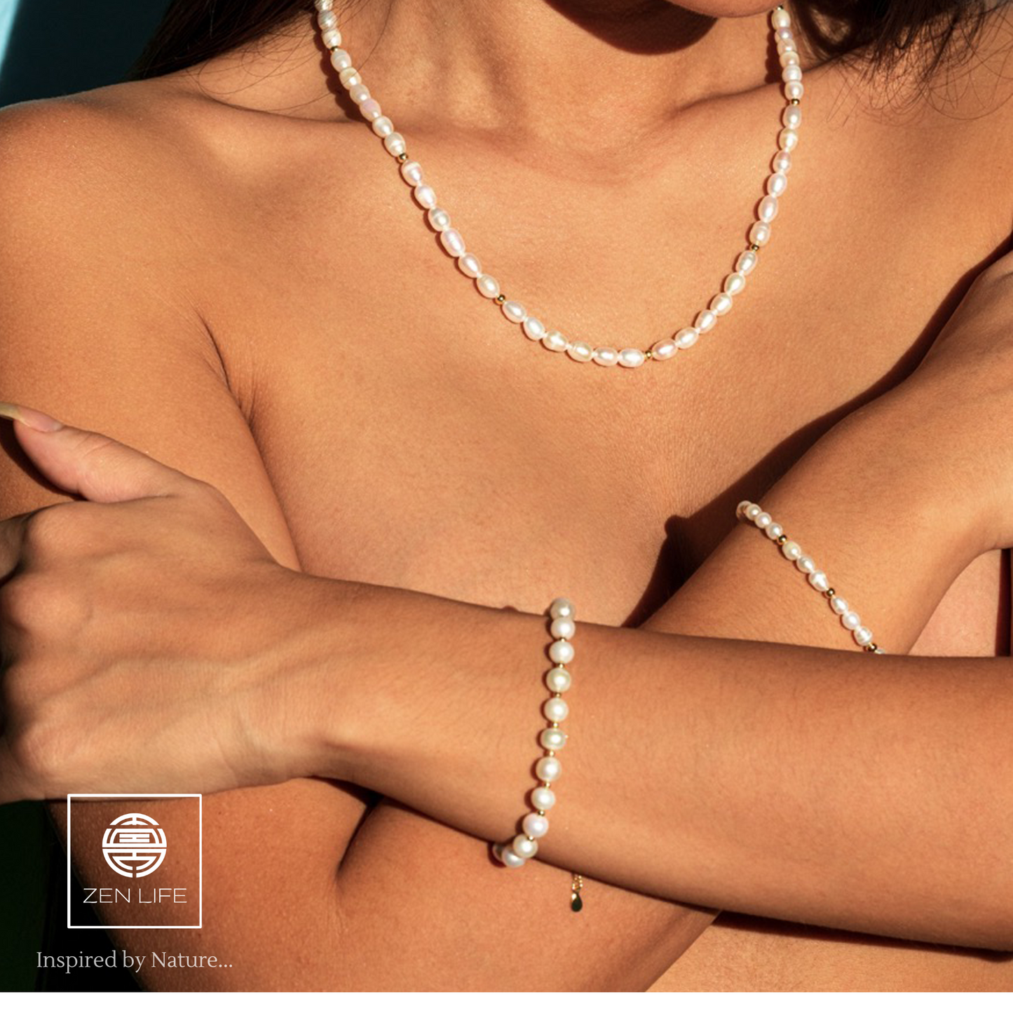 ZEN LIFE® Armband, Echte Süsswasserperlen 6mm, 925er Silber, 18 Karat vergoldet, 16cm+4cm, Damen