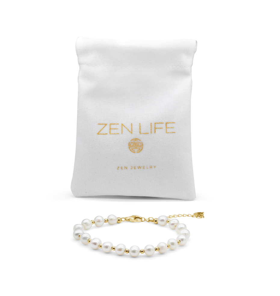 ZEN LIFE® Armband, Echte Süsswasserperlen 6mm, 925er Silber, 18 Karat vergoldet, 16cm+4cm, Damen