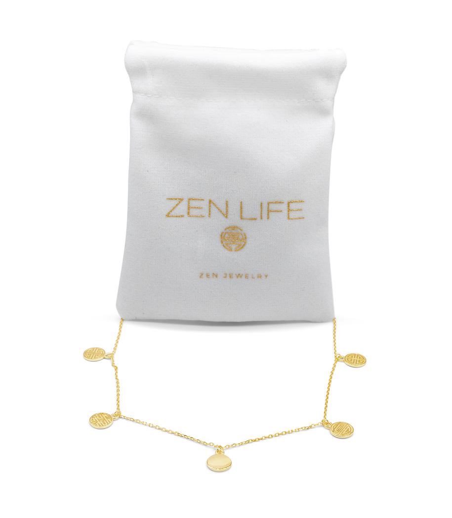 ZEN LIFE® Halskette, 925er Silber, mit 18 Karat Vergoldung, 5 Zen Zeichen Gravur, 42cm+3cm, Damen