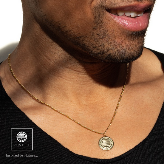 ZEN LIFE® Halskette, Zen Symbol Anhänger, Yoga, 925er Sterling Silber, 18 Karat vergoldet, 49,5cm+5cm, Herren